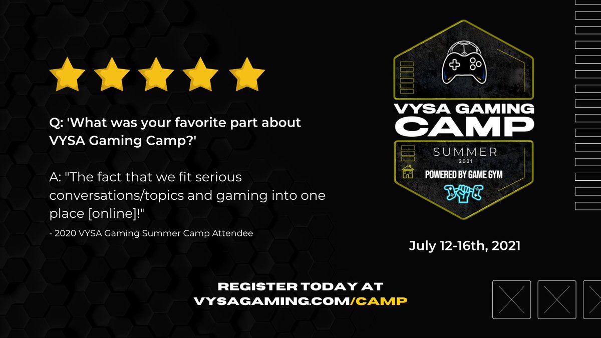 ⭐️⭐️⭐️⭐️⭐️Our campers had a great experience at VYSA's Gaming Camp powered by our friends at 
<a href="/GameGymEsports/">Game Gym</a>, last summer! Get your gamer into our 2021 Summer Camp - Registration is STILL open. 

Summer Camp Dates | August 9-13 (11am-4pm)
Register: vysagaming.com/camp