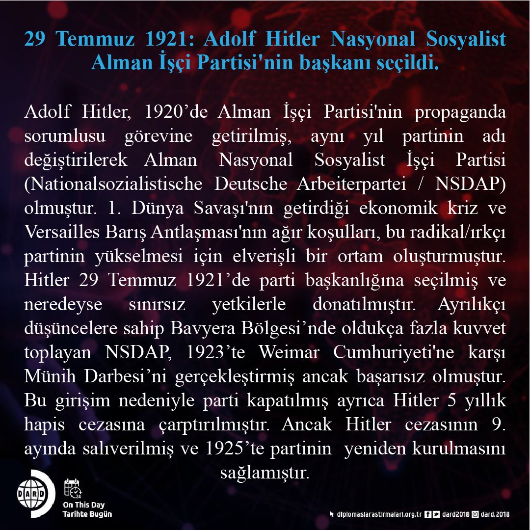 dard2018's tweet photo. On This Day / Tarihte Bugün

#tarihtebugün #onthisday #dard #dard2018 #diplomasi #tarih #uluslararasıilişkiler #internationalrelations #almanya #germany #adolfhitler #hitler #naziparty #nazipartisi #nsdap #münihdarbesi #munichcoup #29temmuz #july29 https://t.co/iHeN227eUs