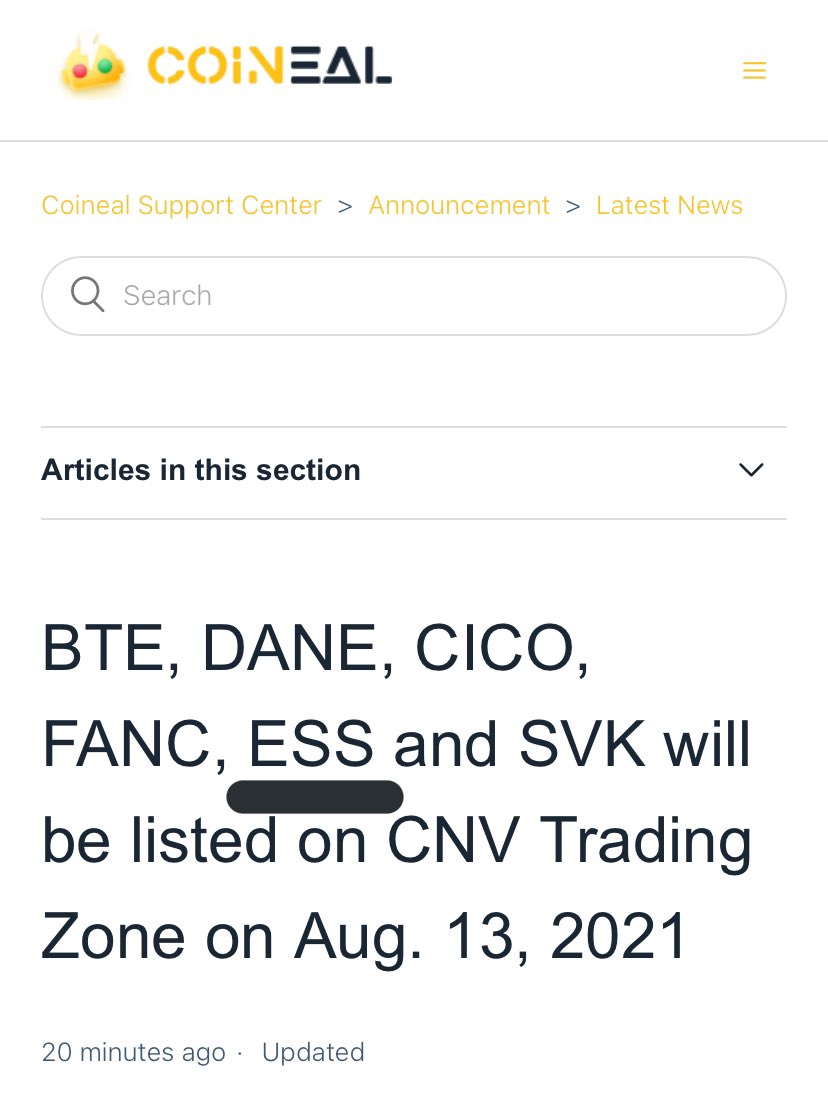 EssentialShelf's tweet photo. Our ESS token will be listed on COINEAL on 8/13/2021 and will start from CNV Market Service.

#ESS #coineal #essentialshelf https://t.co/8WoJw8k7ui