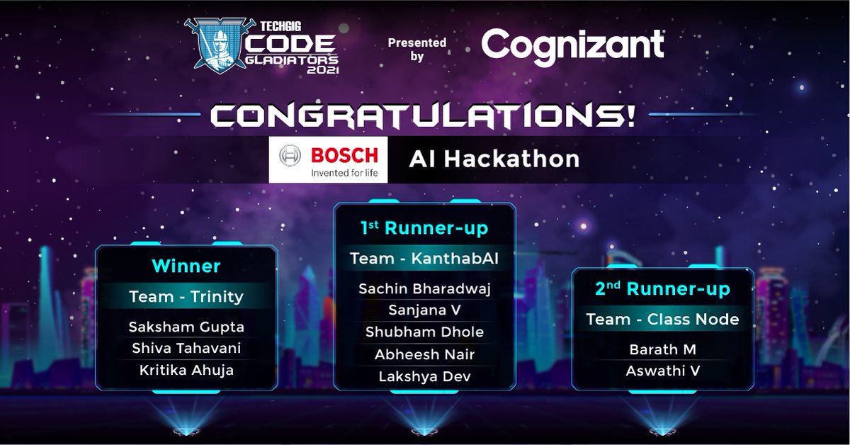ETTechGig's tweet photo. Congratulations to all the winners of the Bosch AI Hackathon at TechGig Code Gladiators 2021.
- Winner, Team Trinity
- 1st Runner Up, Team Kanthab AI
- 2nd Runner Up, Team Class Node
#TechGig #CodeGladiators #CodeGladiators2021 #CodeLikeAPro #DevelopersAssemble #TechCommunity https://t.co/7ue3Tcbm2O