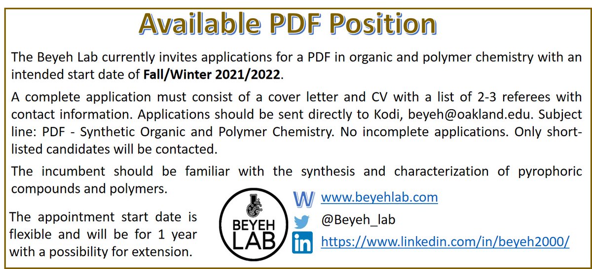 Open PDF position for Fall/Winter 2021/2022 in Supramolecular &amp; Polymer Chemistry. Check the lab website for details (beyehlab.com). Interested candidates should contact me via email. Details below. 
<a href="/oaklandu/">Oakland University</a>, <a href="/ChemPostdocBot/">ChemPostdocBot</a> <a href="/chemistryjobs/">Chemistry Jobs</a>