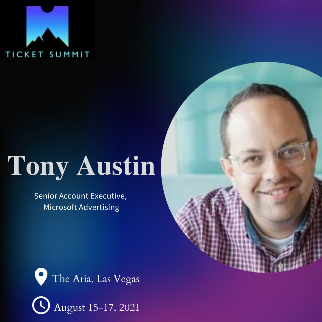 TicketSummit's tweet photo. Meet our speaker, Tony Austin 🚀

He is a Senior Client Partner for @Microsoft Advertising, focused on Tech/#Ticketing.

Reserve an all-access pass to Ticket Summit and learn more about the event by visiting https://t.co/vrUHL0T1ON https://t.co/3gzhpHOJcr
