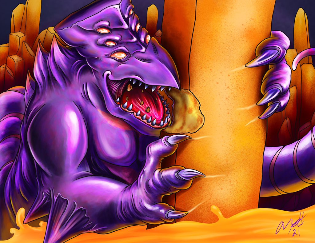 Mars_Atax's tweet photo. I’ve finally done it: @tacobell fan art 🌮
The marvelously skilled @SuzytheSilkie and I decided to both do a bit of a screen re-draw from the #FryForce commercial! 🍟 I gave the kaiju all the nacho fries because I felt bad; please go check Suzy’s out! https://t.co/JCGbuuCy2T