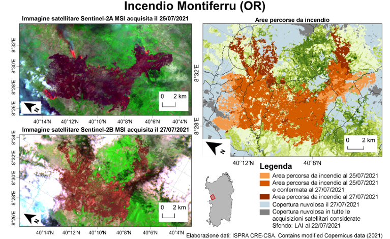 ISPRA_Press's tweet photo. #Incendi #Montiferru #Oristano: proseguono attività #Ispra di monitoraggio a supporto del @DPCgov.
Immagini #Copernicus #Sentinel2B hanno consentito aggiornamento superficie percorsa da incendio (oltre 10000 ettari). il 30 luglio ulteriore passaggio satellitare https://t.co/TfoUF3vl6j