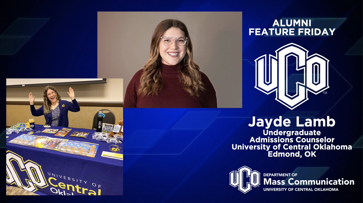 UCO_MCOM's tweet image. Another Broncho who brought their talents back to campus, give it up for Jayde Lamb on this #AlumniFeatureFriday! Jayde is an Undergraduate Admissions Counselor right here at UCO! Our degrees really do take students near and far! 

Are you a #UCOMCOM grad? DM us to be featured!