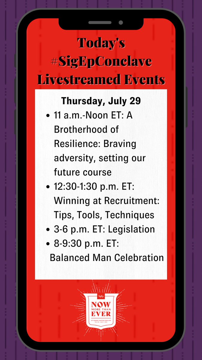 officialsigep's tweet photo. Here are today’s #SigEpConclave livestreamed events…

Register here: https://t.co/cuwRKjGDme https://t.co/Sv65TU1DIK