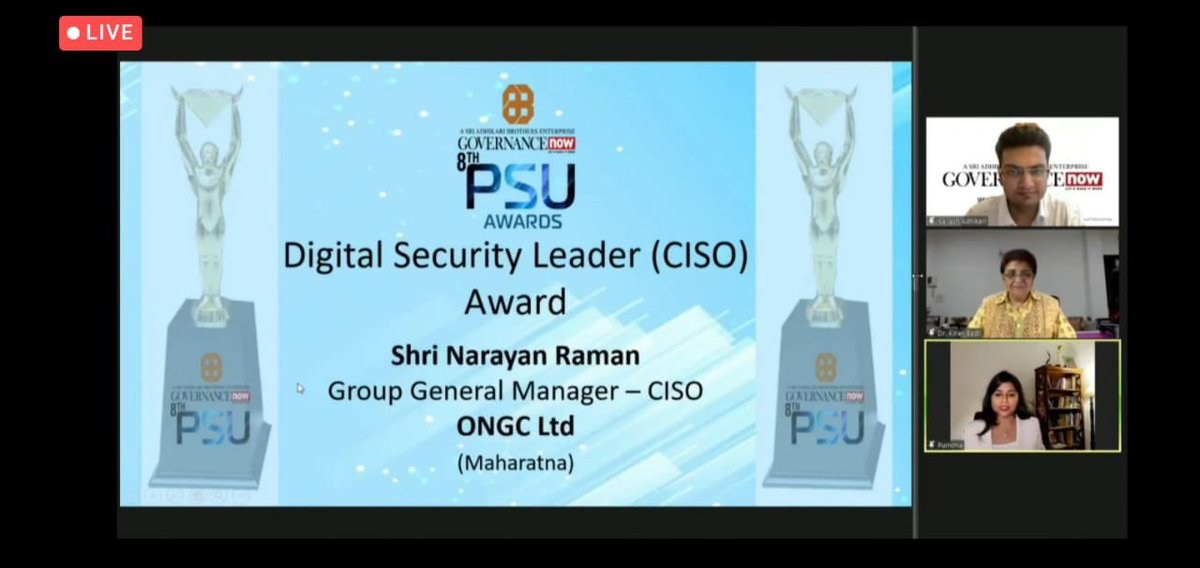 #ONGC shines at <a href="/governancenow/">Governance Now</a> 8th PSU #Awards. Two #DigitalTransformation Leader Awards, Digital Security Leader Award, Awards for Nation Building, Environment &amp; Sustainability, Investment in Start-Ups and Communication Outreach. #ProudToBeONGCian <a href="/HardeepSPuri/">Hardeep Singh Puri</a> <a href="/Rameswar_Teli/">Rameswar Teli</a>