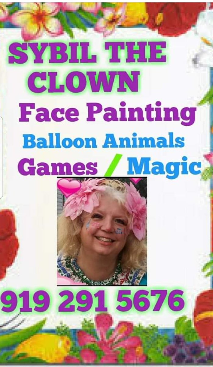 SybilTheClown's tweet photo. ♥️Having a 🎂Birthday Party A 🎉Celebration A 👨‍👩‍👧‍👦Family Reunion A 🥂Wedding any 🎟Event or you just want to send a 🍭🎹Singing Telegram then call Me ☎️919 291 5676☎️ Sybil Clow we offer Face Painting Balloon Animals Games Magic Nails Painted 
♥️Something for 😍every age https://t.co/AItNbNbdxG