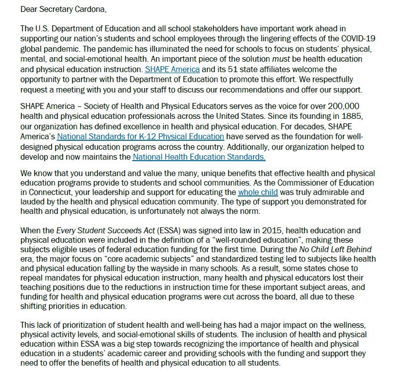 SHAPEAmerica's tweet image. Health education and physical education instruction are critical components of a well-rounded education. SHAPE America and its 51 state affiliates provide the following recommendations and welcome the opportunity to partner with the Department of Education to promote this effort.