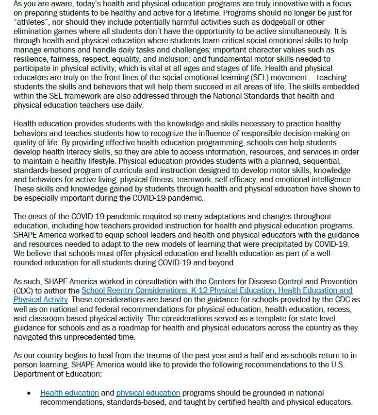 SHAPEAmerica's tweet image. Health education and physical education instruction are critical components of a well-rounded education. SHAPE America and its 51 state affiliates provide the following recommendations and welcome the opportunity to partner with the Department of Education to promote this effort.