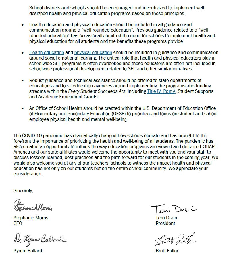 SHAPEAmerica's tweet image. Health education and physical education instruction are critical components of a well-rounded education. SHAPE America and its 51 state affiliates provide the following recommendations and welcome the opportunity to partner with the Department of Education to promote this effort.