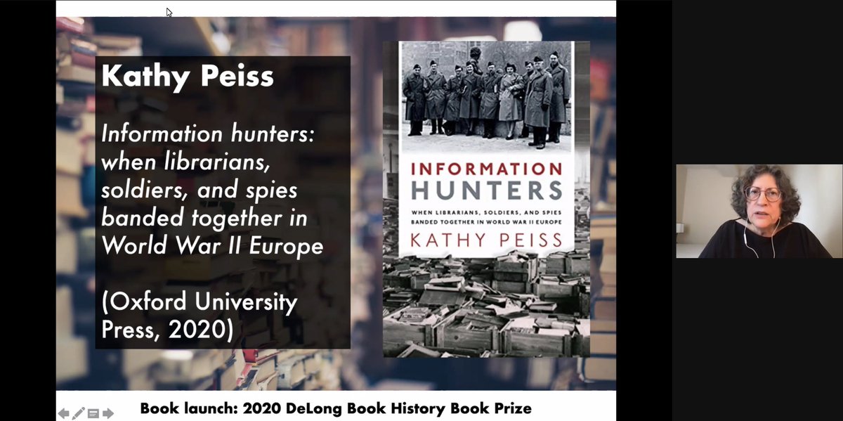 kinohin's tweet image. Enjoyed listening to Kathy Peiss talk about her book on the sometimes harrowing effort to rescue (and thus conserve) documents from Nazi historical erasure. Bibliography meets spycraft, @namleti aptly observes. #SHARP2021 #MovingTexts2021