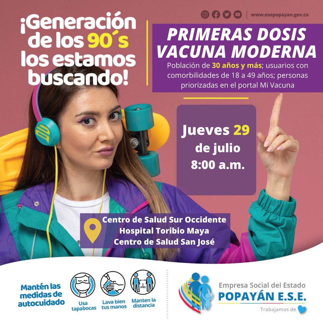 saludcauca's tweet photo. #CaucaSeVacuna 💉 ¡Atención treintañeros! Se aplicarán primeras dosis del biológico Moderna para esta población, hoy, 28 de julio en los puntos dispuestos en #Popayán.

Además se llevará a cabo vacunación de primeras y segundas dosis según programación.

#EnDefensaDeLaVida 💚💛💚 https://t.co/BVZ406gQO4