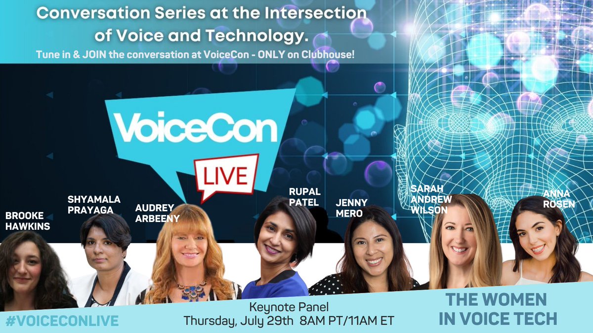 Are you ready for today's #voiceconlive keynote "The Women in Voice Tech" with <a href="/TweetRupal/">Rupal Patel</a> , <a href="/jennymero/">Jenny Mero</a> , Audrey of <a href="/audiobrain_ny/">Audiobrain</a>, <a href="/sprayaga/">shyamala prayaga</a>, @brookebhawkins ,<a href="/SarahAndrewWils/">Sarah Andrew Wilson</a> , and <a href="/whatsupanna/">Anna Rosen</a> ?! It's starting at 11AM ET/8AM PT - only on Clubhouse!