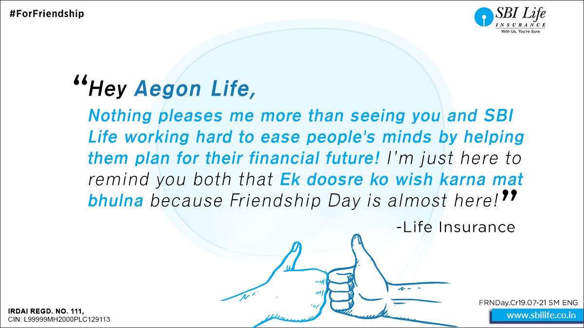 SBILife's tweet image. Hey @AegonLife, here’s to our mutual love for insurance, that keep people’s worries at bay! Happy Friendship Day in advance. #SabsePehleLifeInsurance #ForFriendship