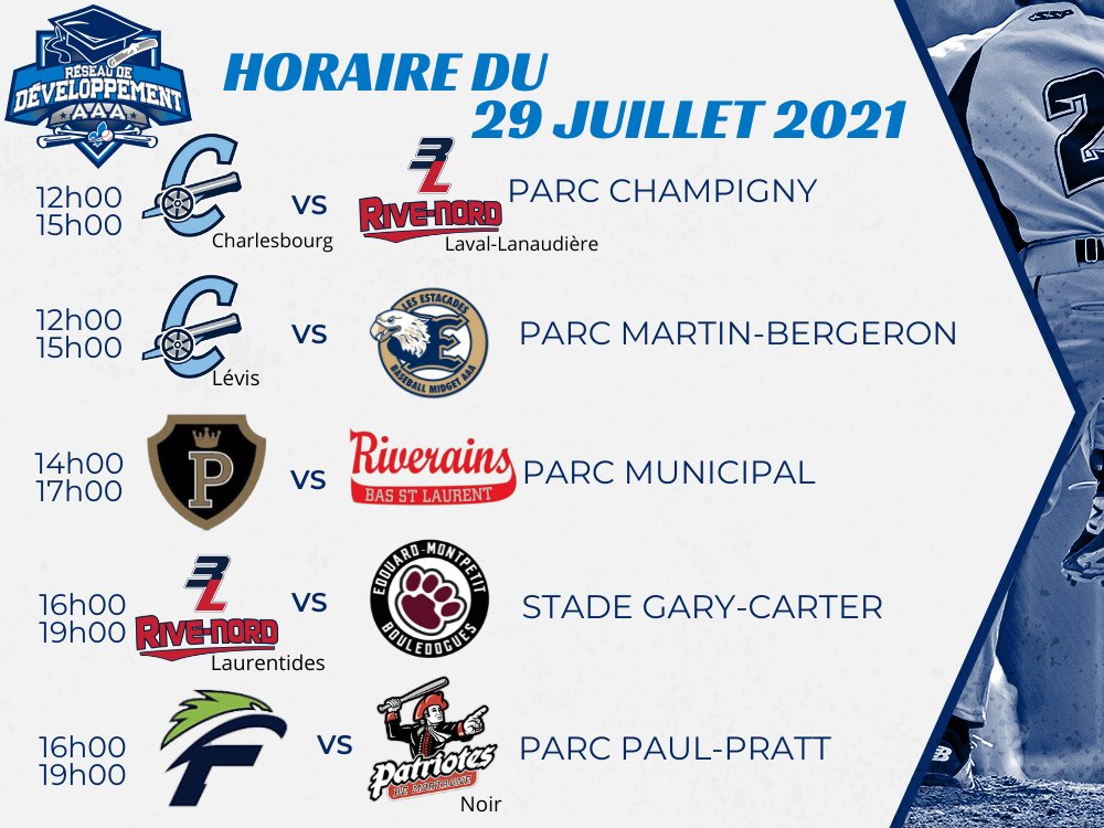 ReseauAAA's tweet photo. BON JEUDI 😁

11 matchs au menu aujourd'hui ! Les 10 inscrits ici-bas en plus du duel entre les Tyrans de Gatineau et les Capital City Red au Parc RCGT d'Ottawa ! https://t.co/b2HMybrW5d