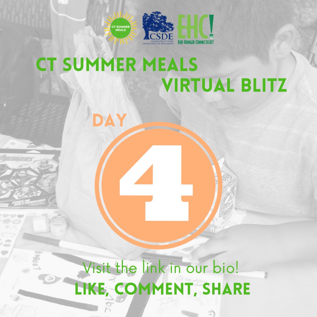 CTSummerMeals's tweet photo. Already Day Four! This week has flown by! Have you seen the graphics, email templates, and logos in our Virtual Blitz Kit? Please continue to post and share information about CT Summer Meals!
#ctsummermeals #virtualblitzweek #blitzweek
https://t.co/JE7LASqjya https://t.co/ehIRbFd9UB