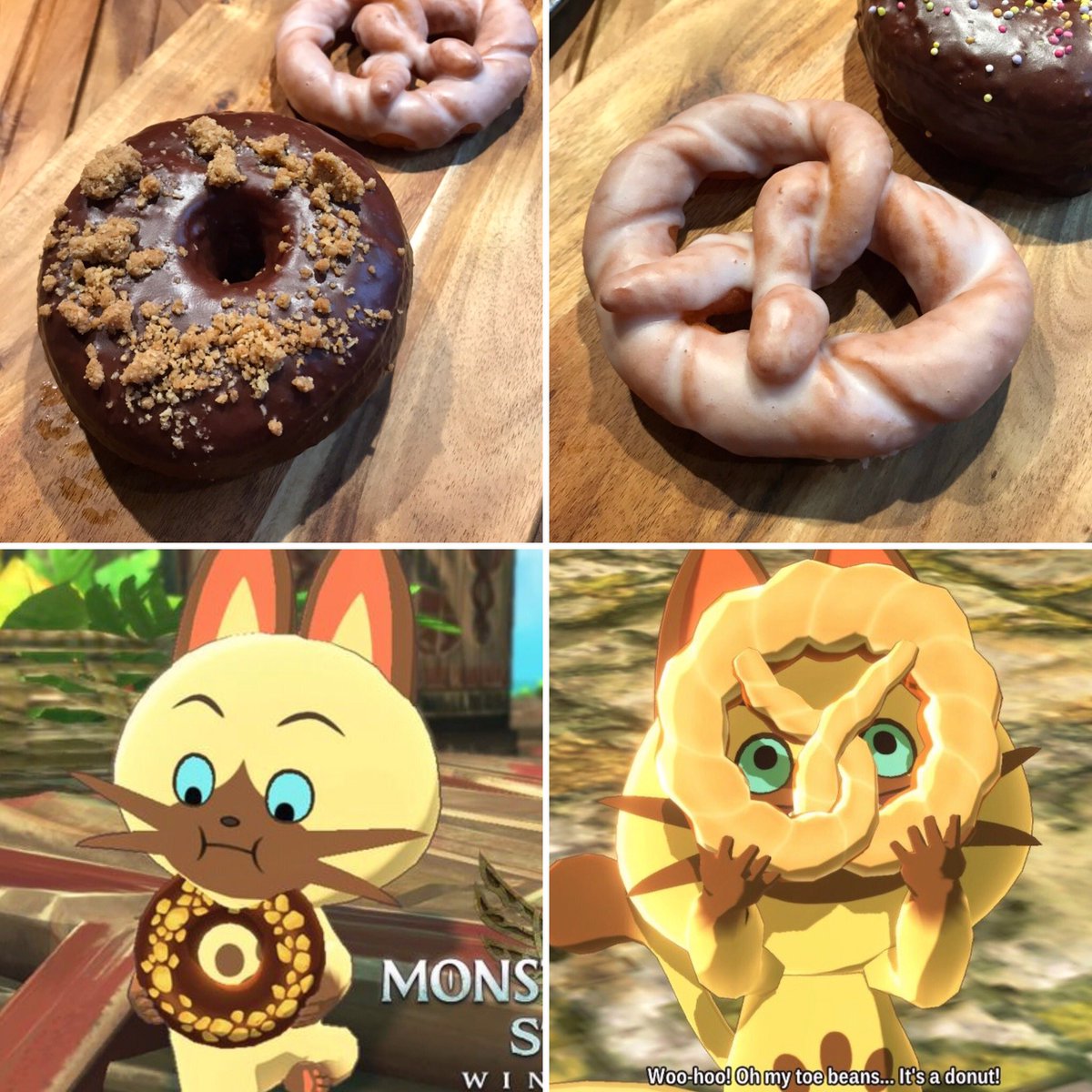 Tropical_Rei_'s tweet photo. All of the @monsterhunter food I’ve created IRL on stream! 

Loving this game so much since MH1 and its delicacy in the game! 

I love you MH! 😍

MHW chefs platter
MHR Dango
MHST2 Donuts!

#monsterhunter https://t.co/AimVuexIu3