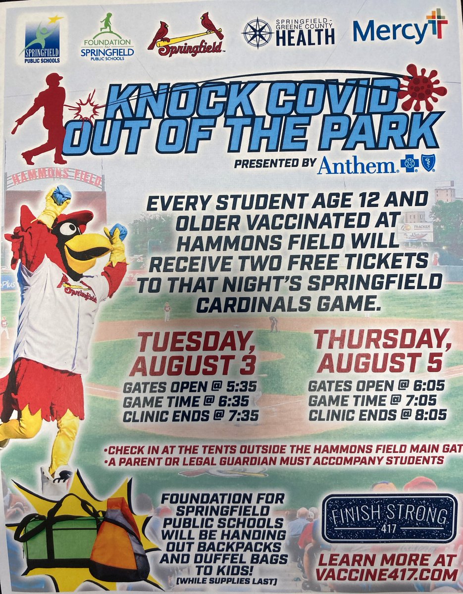 Here is a vaccination opportunity next week on Tuesday, August 3rd and Thursday, August 5th to Knock COVID Out of the Park if you know students 12 and older.