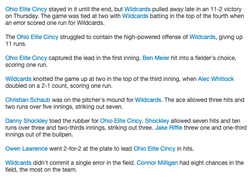 PrimetimeKYHQ's tweet photo. #16u17uWoodBat - Ohio Elite Cincy Drops Game To Wildcards After Late Score, 11-2.  Alec Whitlock (Wildcards) 1-1 2BB RS 2RBI 2BB; Christian Schaub (Wildcards) 1-1 2B 2RS RBI 2BB; Drew Horn (Wildcards) 1-3 3B RS.  @PBRKentucky https://t.co/tUNZdyzRao