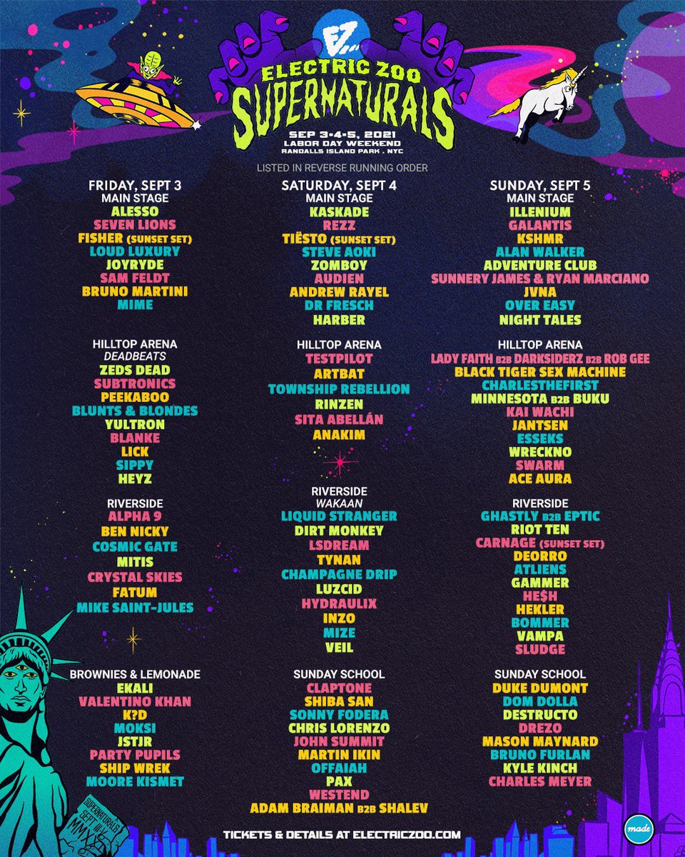 ElectricZooNY's tweet photo. Presenting your day-by-day stage breakout for our journey through the Supernaturals 🪄🔮

Single day pass ticket prices go up very soon, buy now — https://t.co/FNA26Q5SYn https://t.co/OCylLe7Afd
