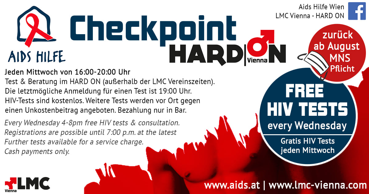 Weekly HIV- and STD-Tests ar back @ our club location HARD ON

#AidshilfeWien restarts it’s test program beginning with August.

Every Wednesday 4-8pm (last registration at 7pm). HIV tests are free, further tests subject to a service charge, cash payment only.

#1stepBackToNormal