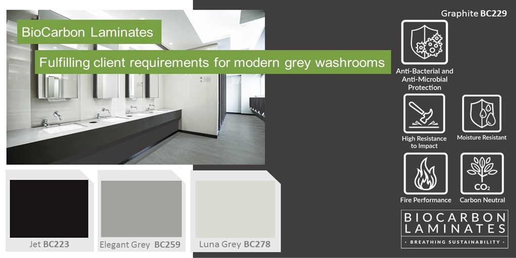 Add a subtle touch of sophistication to any #washroom with a combination of grey #decors. Every shade works in harmony with others, from dark Jet through to pale Luna Grey, to create a beautiful finish that meets both #aesthetic &amp; functional requirements. biocarbonlaminates.com