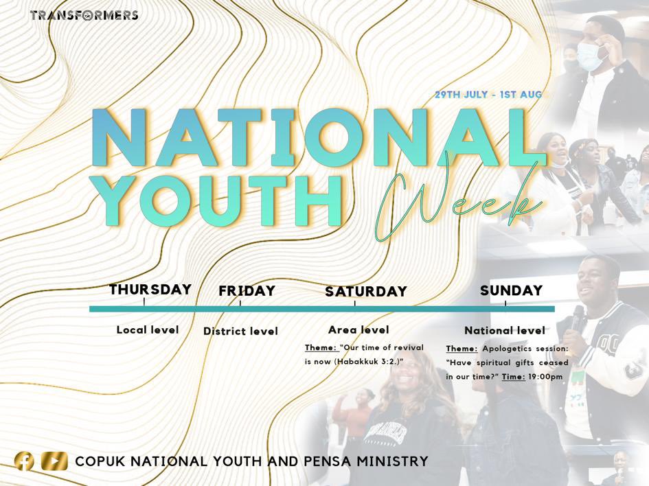 We’re kicking off our #NationalYouthWeek activities today with discussions held at LOCAL level. 

Please see your local Church for further details or send us a DM🥳. 

This week is OUR week🙌🏾. Let’s come and engage together.

#TheFutureOfTheChurch #NationalYouthWeek #Transformers
