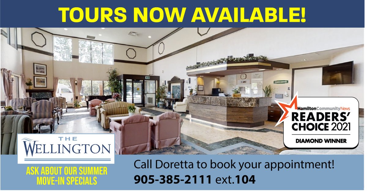 We are now offering in-person tours at The Wellington.  If you're considering a move into our retirement community, please contact Doretta to book your private appointment. (Maximum 3 guests). 👉Call 905-385-2111 ext. 104 or email ddesora@thewellington.ca
#hamont #SeniorLiving