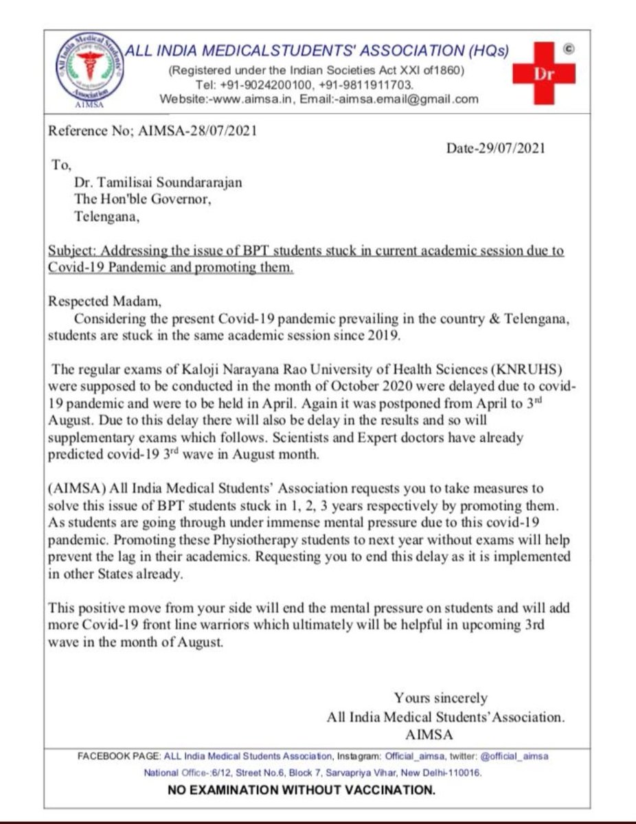 MadeehaTabassu6's tweet photo. AIMSA 💫 requests @DrTamilisaiGuv @TelanganaCMO
 to promote BPT students of KNRUHS stuck in academics becoz of Covid-19,delay creates mental pressure; plz promote them without exams. Other states have adopted this policy.  #promoteBPTexams2021
@k_warangal @VenkatBalmoor @KTRTRS https://t.co/8LxffJmDAP