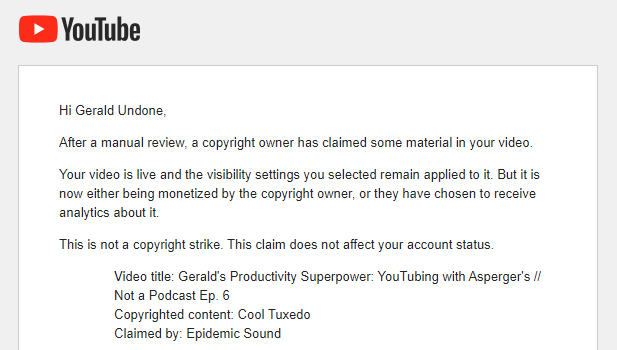 Nice work, <a href="/epidemicsound/">Epidemic Sound</a>, copyright claiming the outro music of the new series Josh and I are doing. "Manually reviewed"  👌 👍