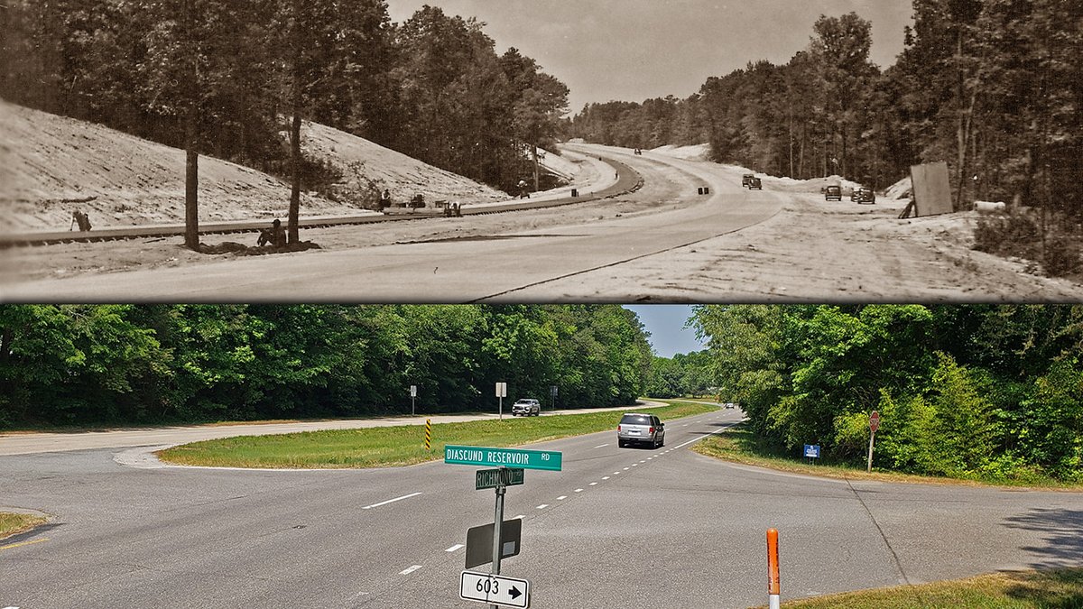 VaDOT's tweet photo. The top photo was taken in July 1948 when a new segment of Route 60 was built near #Lanexa. #Diascund Reservoir and I-64 were later constructed nearby. Trees are thicker now but the view here at the @NKCounty - @JamesCityCounty line remains much the same as it did 73 years ago. https://t.co/lS0Lwviudr