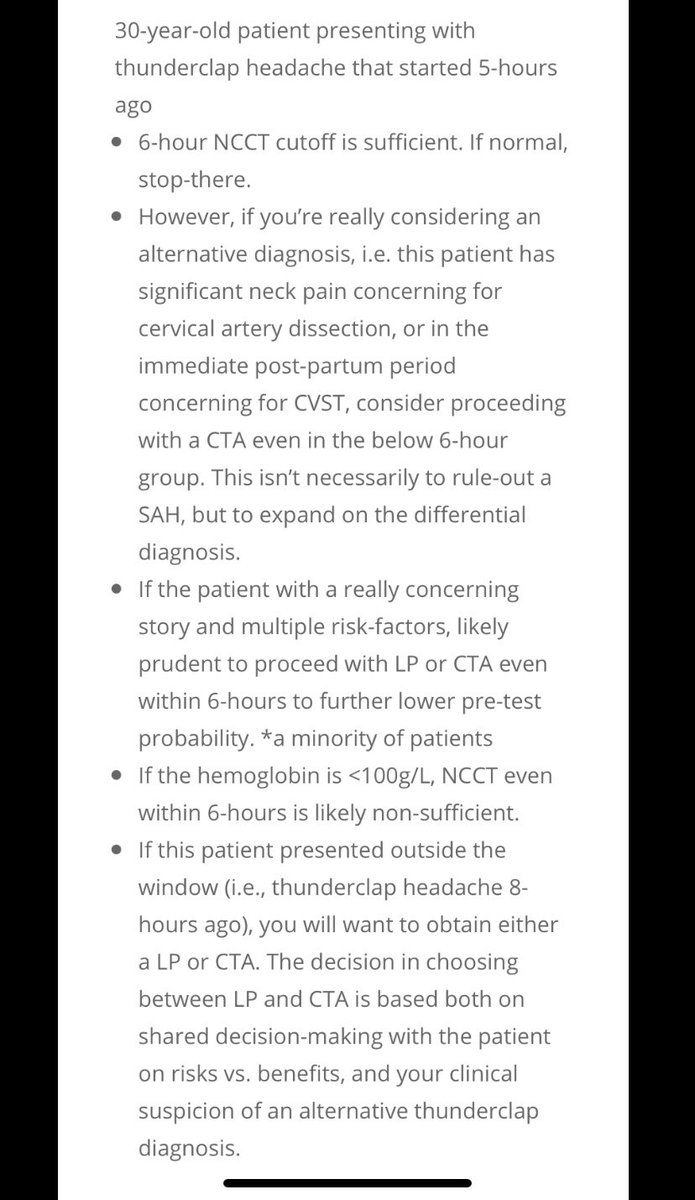 emergmedottawa's tweet photo. A 30 year old patient presents with a thunderclap headache that started 5 hours ago. What’s the best approach?

Dr. Hale joined Dr. @rajivthava on the EMOttawa Podcast to talk about a great practical approach to these cases: https://t.co/IgftpdSMgT https://t.co/oTJvPZGqIV