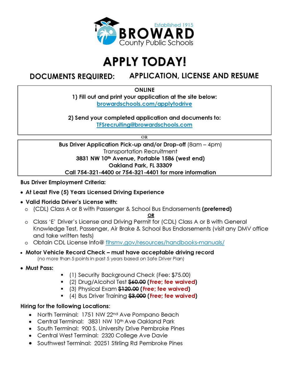 Flyer with information about job opportunities for school bus operators.