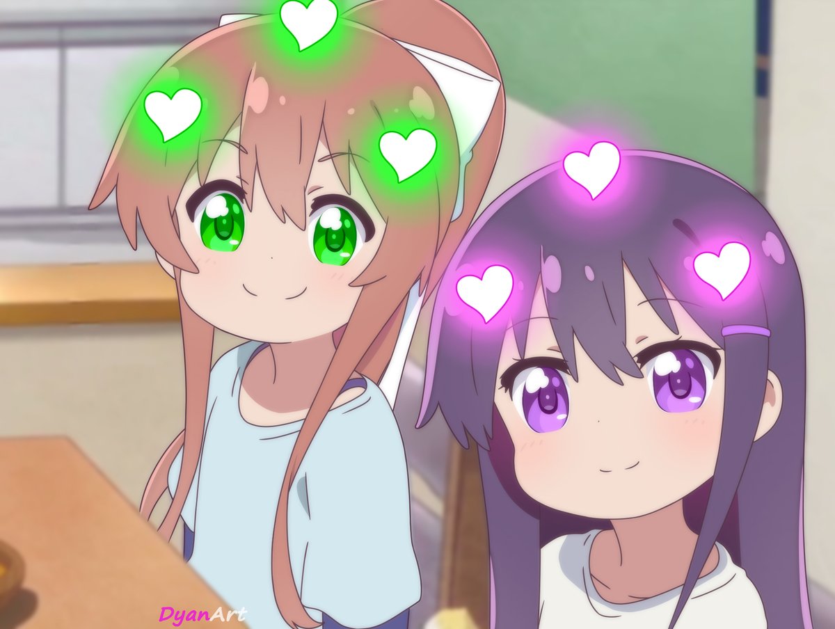 "Retweet to bless someone's timeline with smiling Monika and Yuri! Maybe it'll make them smile too~ :)"