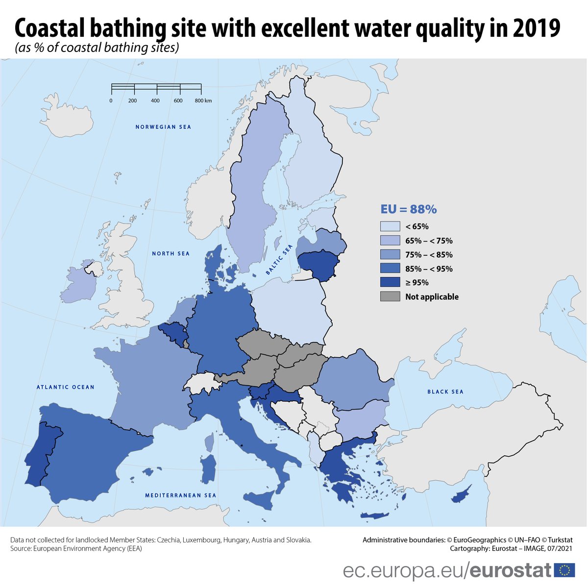 Coastal bathing sites with excellent water quality, 2019 (as % of coastal bathing sites)