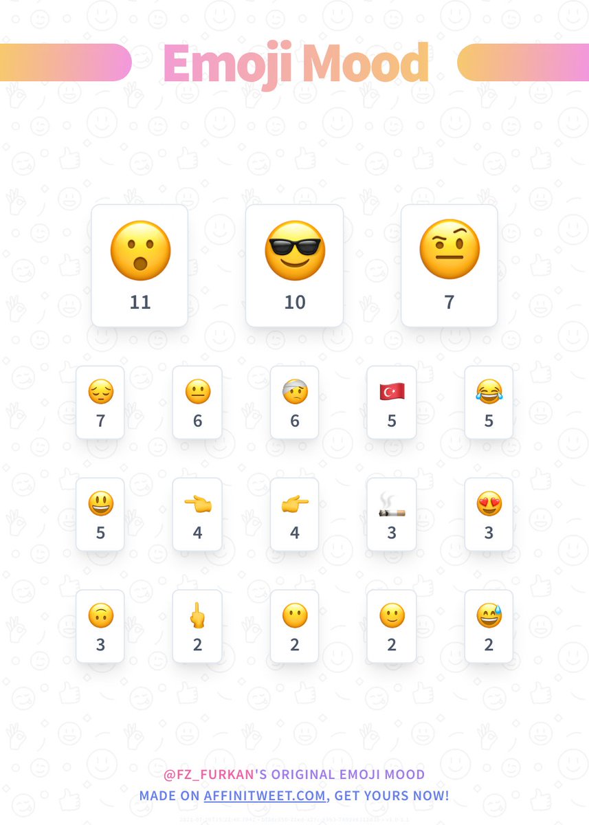 ✨ Emoji Mood

😮, 😎, 🤨, 😔, 😐, 🤕, 🇹🇷, 😂, 😃, 👈...

➡️ affinitweet.com/emoji-mood