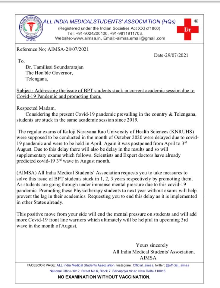 Chandu226130974's tweet photo. AIMSA 💫 requests @DrTamilisaiGuv @TelanganaCMO
 to promote BPT students of KNRUHS stuck in academics becoz of Covid-19,delay creates mental pressure; plz promote them without exams. Other states have adopted this policy.  #promoteBPTexams2021
@k_warangal @VenkatBalmoor @KTRTRS https://t.co/p7Ipdjwxbi