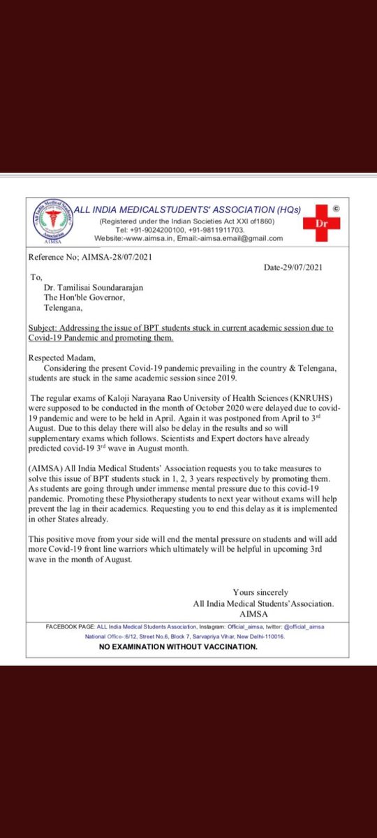 faraz24568530's tweet photo. AIMSA 💫 requests @DrTamilisaiGuv @TelanganaCMO
 to promote BPT students of KNRUHS stuck in academics becoz of Covid-19,delay creates mental pressure; plz promote them without exams. Other states have adopted this policy.  #promoteBPTexams2021
@k_warangal @VenkatBalmoor @KTRTRS https://t.co/0XQK3ZOAdn
