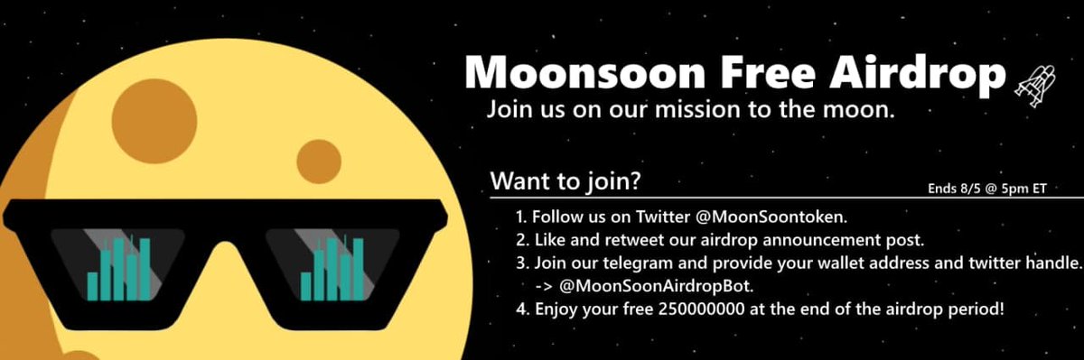 Airdrop_Exp's tweet photo. 🔥Moonsoon - AIRDROP🔥

🔁 Like &amp; Retweet this post 

💎 Follow @MoonSoontoken

💎 Join: https://t.co/UnnbsM62lL

💎 Comment BSC Address

💥Reward: 250,000,000 $Moonsoon

#Airdrop #crypto #BabyDogeCoinArmy #Airdrops #Moonsoon #DogecoinRise #shibainu #BSCGem #Airdrop_Exp https://t.co/uATRCqmQKv