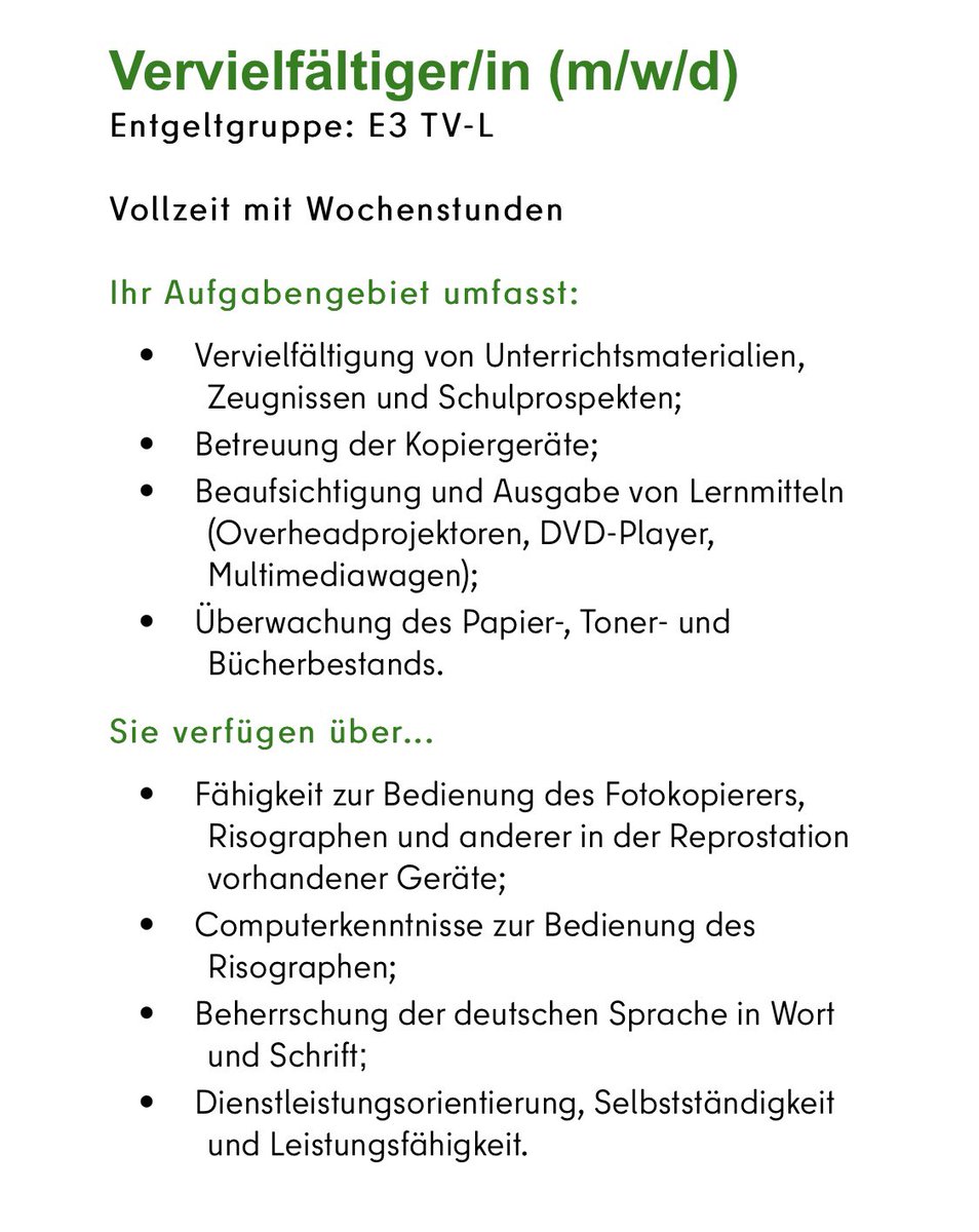 Vielleicht checke ich es ja auch einfach nicht. Zieht euch diesen Job rein: Warum bitte brauchen wir eine „Vervielfältigerin“?! Ist das wieder einmal so ein trostloses Eingeständnis der Unfähigkeit die Digitalisierung der Verwaltung anzugehen? 🙈

berlin.de/karriereportal…