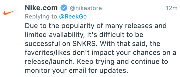 SOLELINKS's tweet photo. 🤔🤔 'the favorites/likes don't impact your chances on a release/launch' - @nikestore https://t.co/KJ3noAizAV