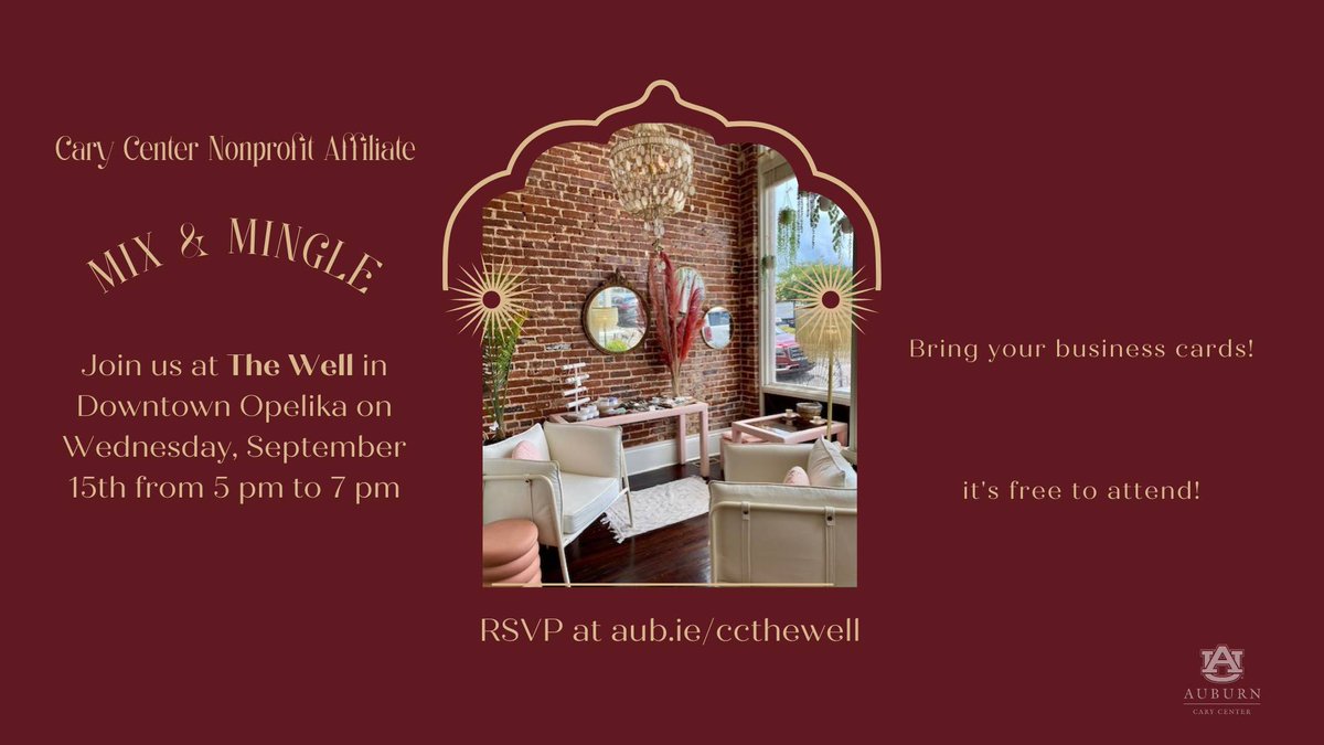 CaryCenter's tweet photo. Join us at The Well in Downtown Opelika on Wednesday, September 15th from 5 pm to 7 pm. It's FREE to attend, and be sure to bring your business cards!
RSVP at https://t.co/Uml0zNsaaA
Tickets
https://t.co/OmQTYxHV4w https://t.co/T5d1Pvj3Wp