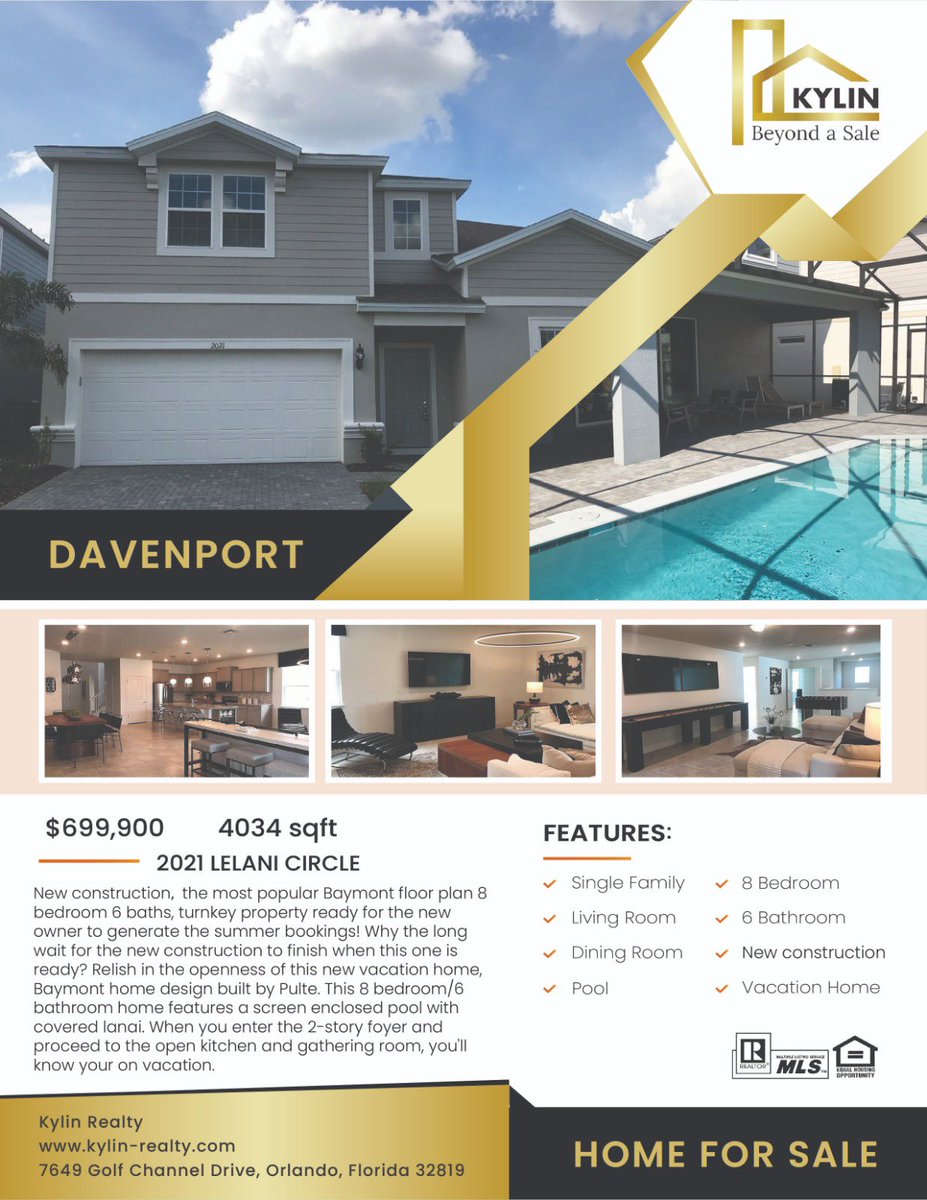 KylinRealty1's tweet photo. Located in Davenport,with 8 bedrooms and 6 bathrooms this new construction, the most popular Baymont floor. relish in the openness of this new vacation home, Baymont home design built by Pulte!
More information contact us! https://t.co/RLFlDs8YND