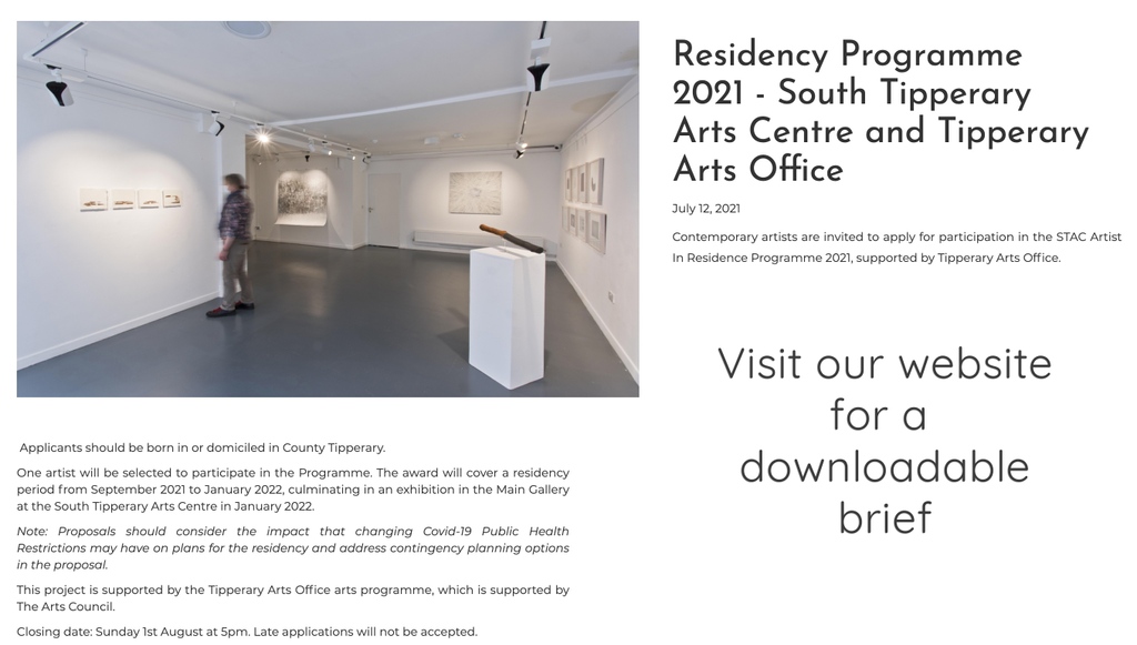 SouthTippArts's tweet photo. 2021 Residency Programme -a reminder that the closing date for submissions is Sunday 1st August @5pm.
Visit the link below for a downloadable brief while theres still time!π
https://t.co/QixlyMOm2I
#SouthTippArts #TipperaryArtsOffice #ResidencyProgramme https://t.co/orIqNOvbxC