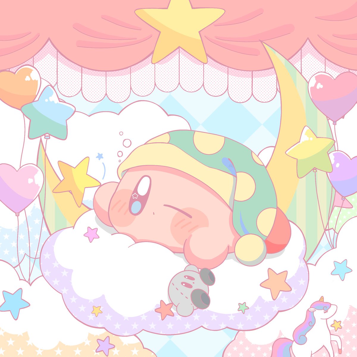 kirby star (symbol) one eye closed no humans balloon hat cloud blush stickers  illustration images