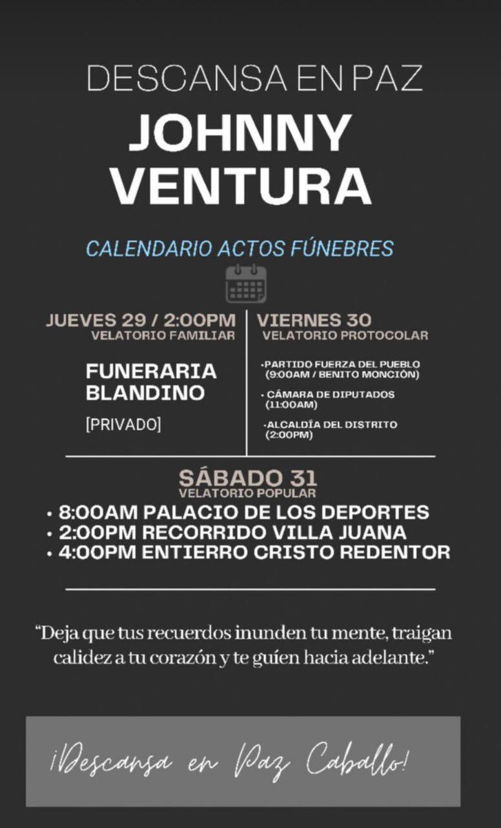 La partida física de #JhonnyVentura deja un gran vacío en el pueblo dominicano, su legado y trayectoria son dignos de admirar y emular.

Hombre de familia, de altos valores, trabajador y gran representante de nuestra nación. Paz a su alma. 
Que Dios de consuelo a sus familiares.