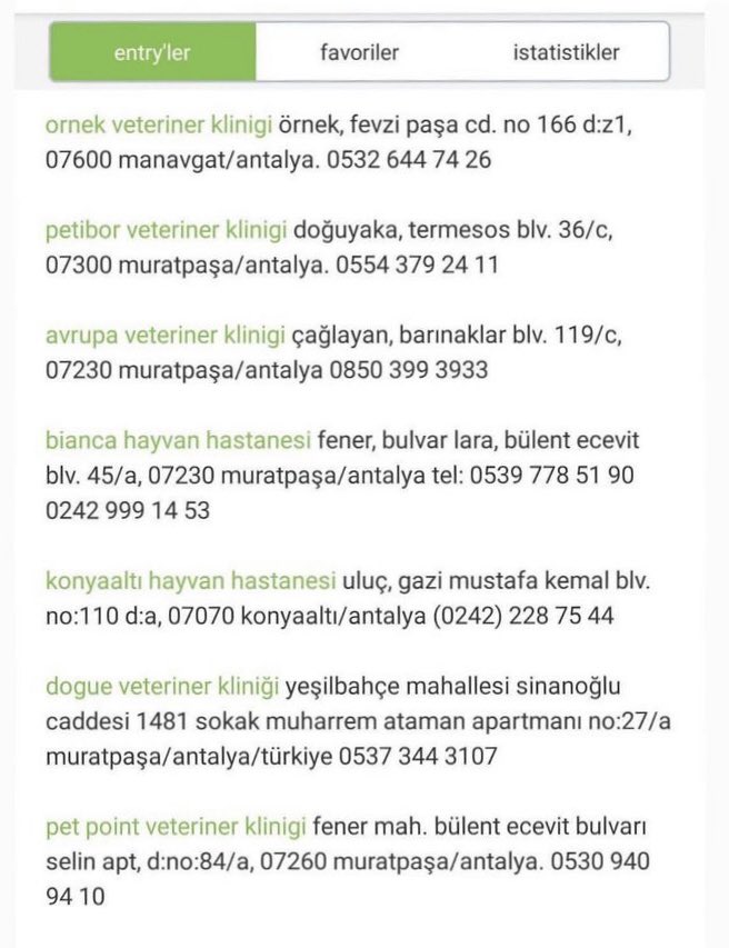 Yangından etkilenen hayvanların tedavisini ücretsiz yapacak klinikler icin böyle bir liste hazırlanmış. 

#turkiyeyaniyor