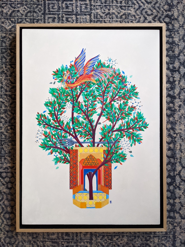 tomberryart's tweet photo. Private commission, 2021

A painting for two newlyweds celebrating their union. 
The bird is a Simurgh, who roosted in Gaokerena / The Tree of Life according to Persian mythology. 

Acrylic #painting on wood panel, 420x594mm https://t.co/mhp8flAb0v