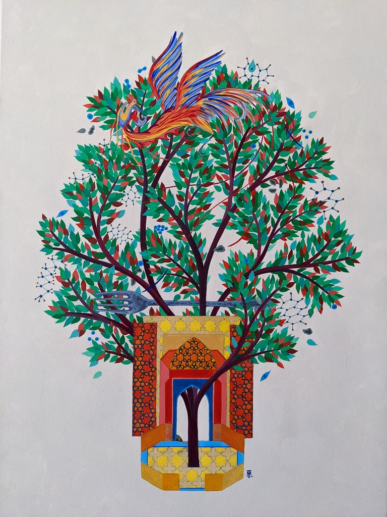 Private commission, 2021

A painting for two newlyweds celebrating their union. 
The bird is a Simurgh, who roosted in Gaokerena / The Tree of Life according to Persian mythology. 

Acrylic #painting on wood panel, 420x594mm